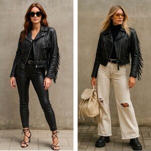 Stylish Black Leather Fringe Jacket Women’s– Western Biker Boho Rocker Style